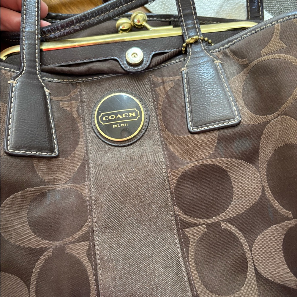 Coach Brown Monogram Tote with Leather Trim